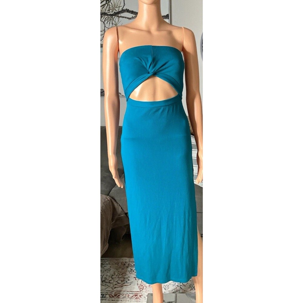L*SPACE KEDR24 Blue Ribbed Knit Strapless Cutout Twist Midi Dress Size S